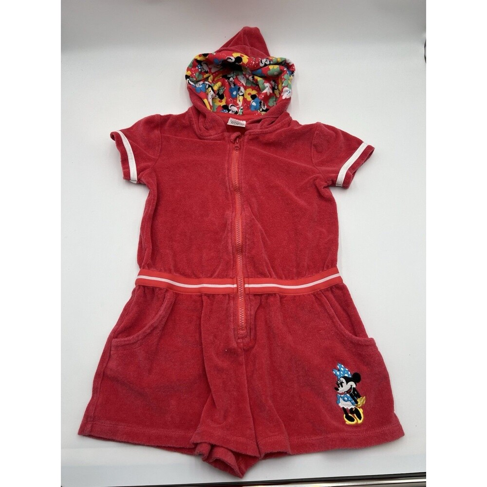 Disney Minnie Mouse Pink Red Velour Hooded Zip Romper Pockets Girls 9/10 swim